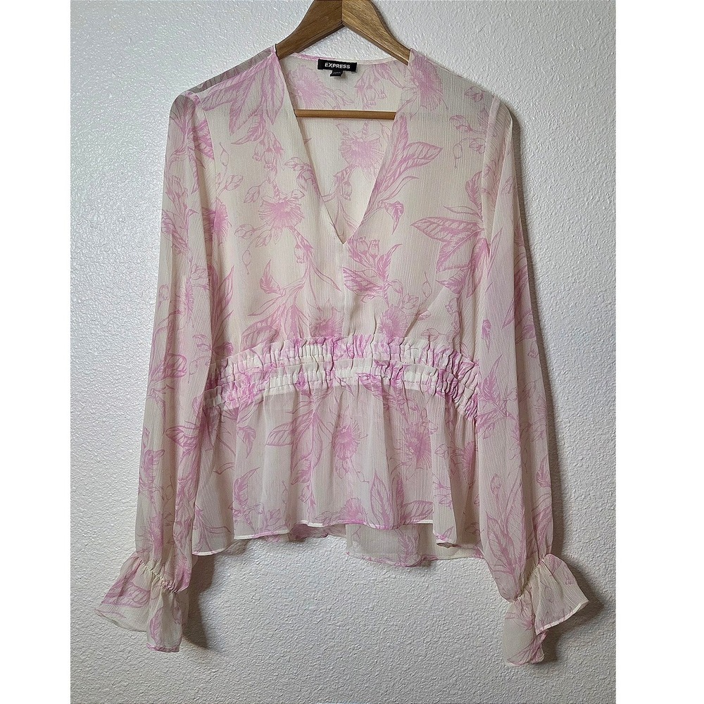 Express Sheer Pink Floral Blouse Romantic Coquette Cottagecore Boho Top L‎